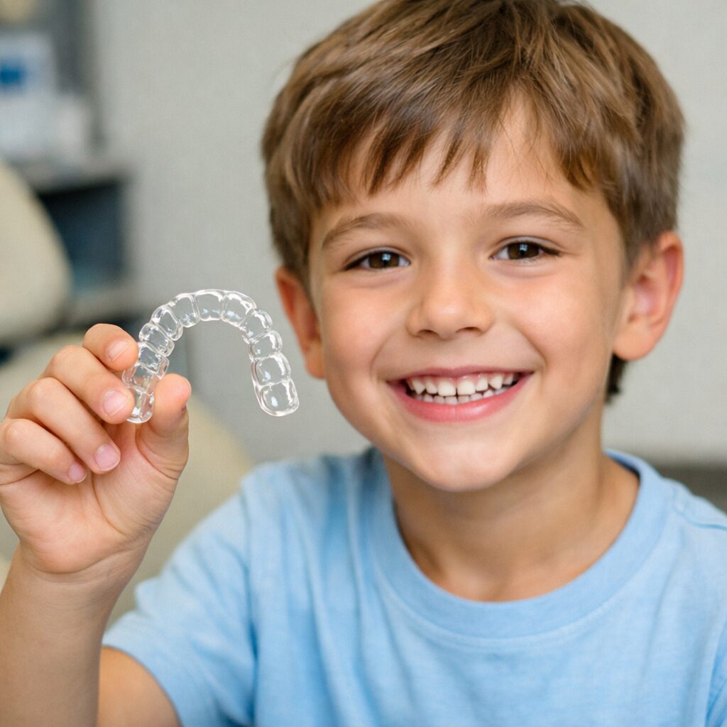 Enfant souriant tenant une gouttière d'alignement transparente